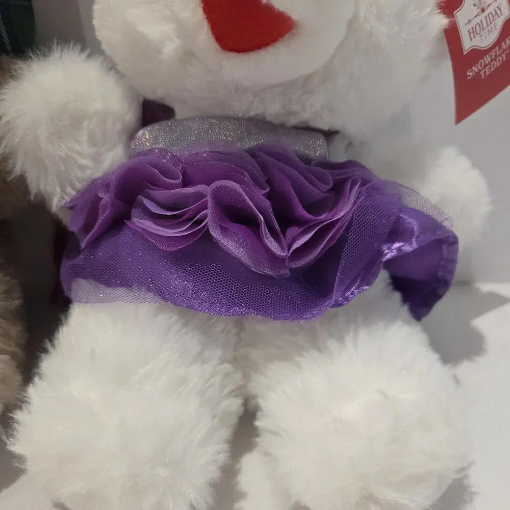 Lot Of 2 Snowflake Teddy Bear 2023 Plush Green Plaid Scarf Purple Dress